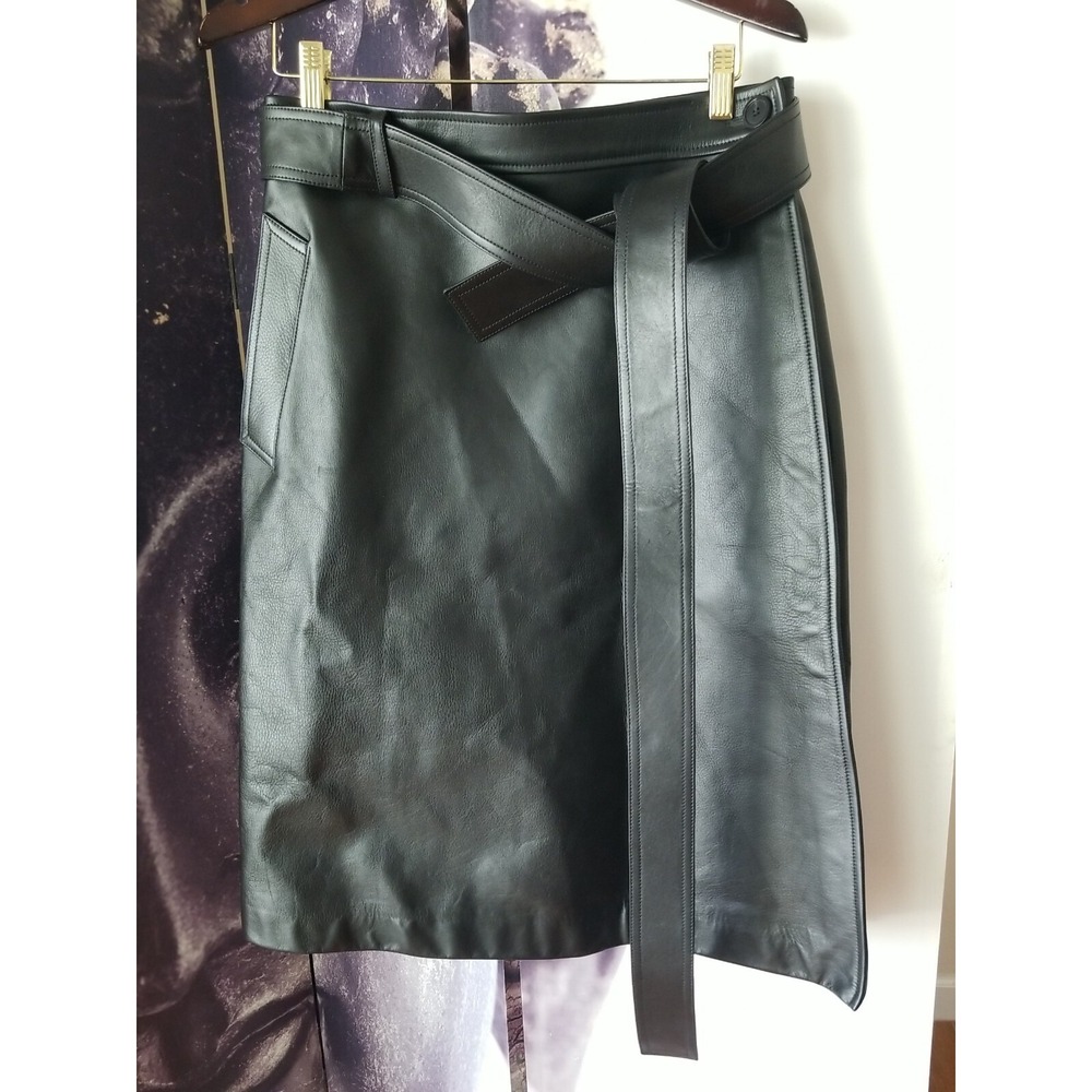 BALENCIAGA Black Calfskin LEATHER Full Wrap Tie Mid Length SKIRT Size F42 JT01